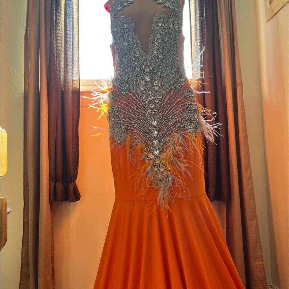 Prom Dress Embellished Orange Mermaid Gown with Beaded Bodice